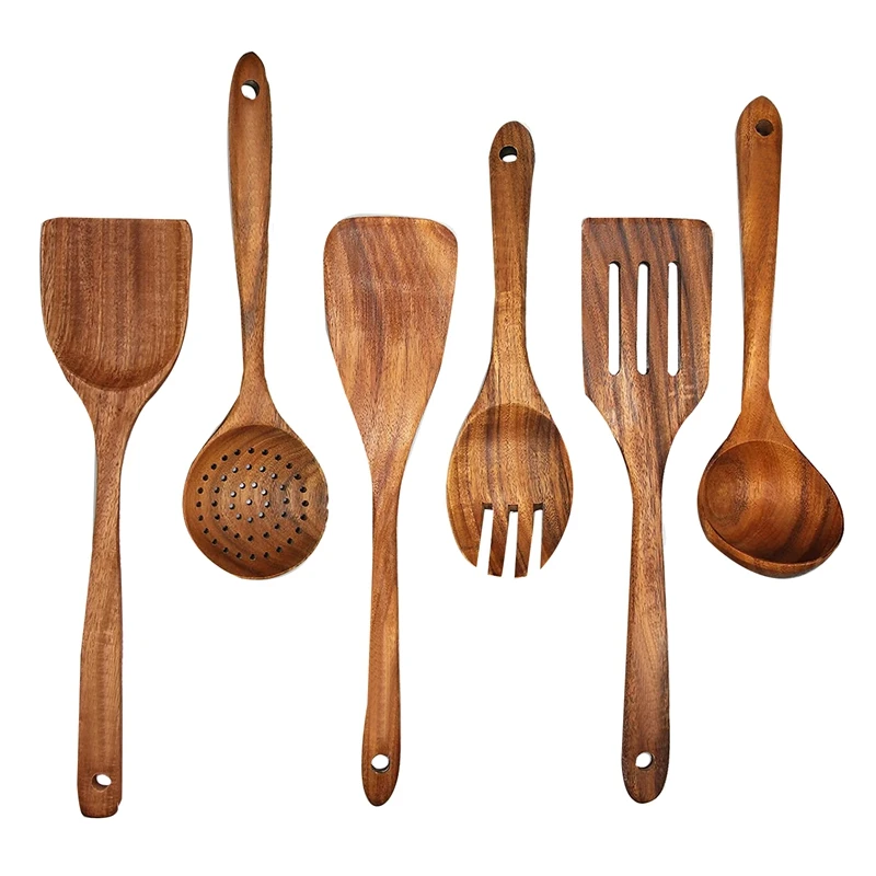 

New-Wooden Spoons For Cooking,Wooden Cooking Utensils 6Pcs Wooden Kitchen Utensil Set Wooden Utensils For Cooking