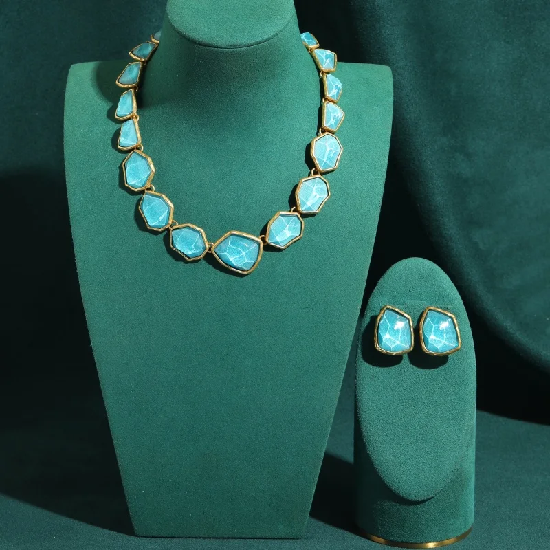 Vintage Blue Alien Ripple Gold Color Jewelry Sets Luxury Natural Stone For Woman Necklace Earrings Classic Quality Festival Gift