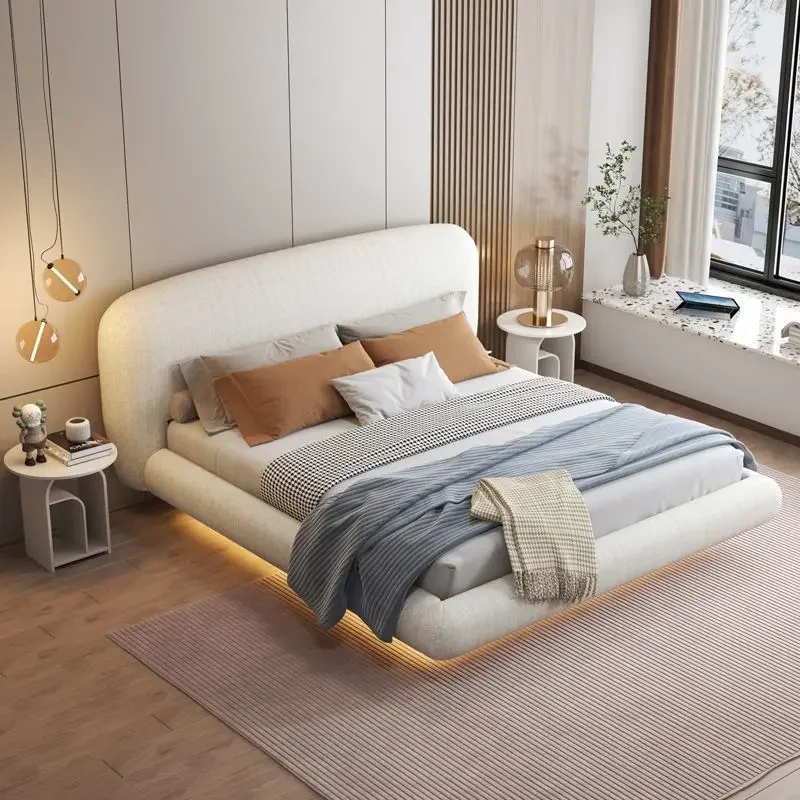 Lamb's wool suspension bed, modern simple fabric bed, designer Italian minimalist high-end light luxury cream style master bed