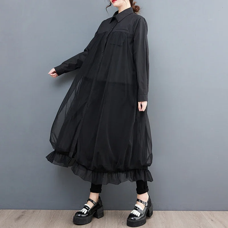 

Oversized Autumn Shirt Long Dress Women Mesh Patchwork Long Sleeve Ladies Dresses Fashion Casual Loose Dress Woman 2024