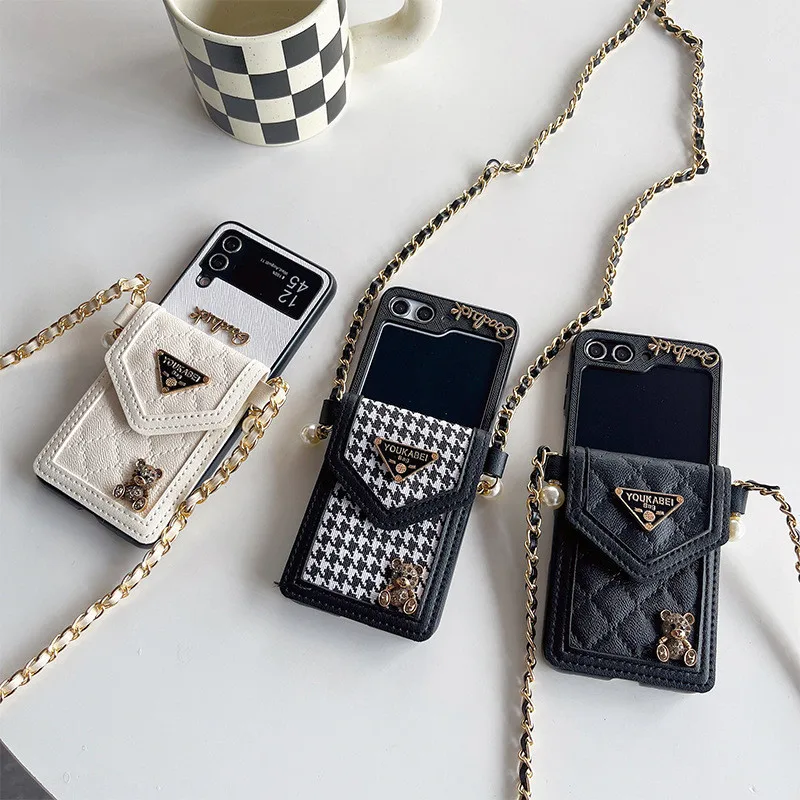 Modny, uroczy, błyszczący, metalowy futerał na karty z diamentami w kształcie misia, skórzany pokrowiec na długi pasek do Samsung Galaxy Z Flip 7 6 5 4 3 5G