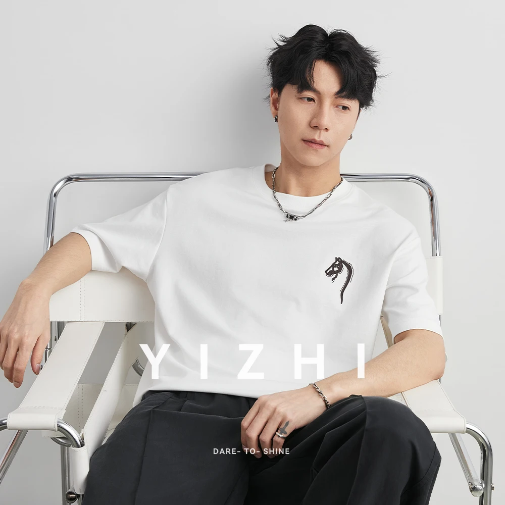 Men's Lyocell Leather Horse Head Embroidered Short Sleeve T-Shirt 2026 Summer Crew Neck Loose Soft Stretch Simple Top