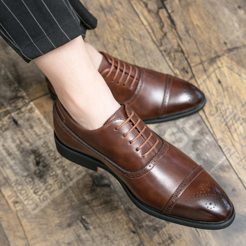 Men's Dress Shoes Red Sole Leather Shoes Pointed Party Shoe Lace-up Office Oxfords Casual Wedding Shoe Retro Business Men Shoes - Image 3