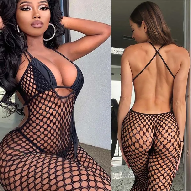 Black Fishnet Mesh Perspective Rompers Sexy Off-shoulder Sleeveless Bodycon Jumpsuit Lady Night Club Outfits For Women Bodysuit