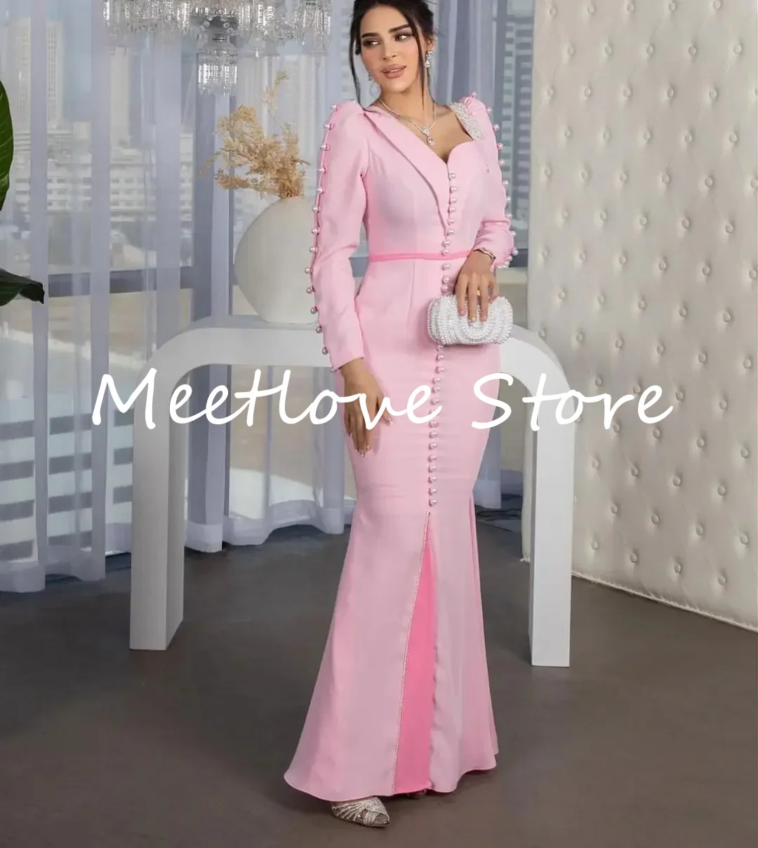 Meetlove-vestido de fiesta Sexy rosa con perlas, mangas largas, Arabia Saudita, vestidos de noche formales para mujer, cremallera negra, trompeta, fiesta de boda