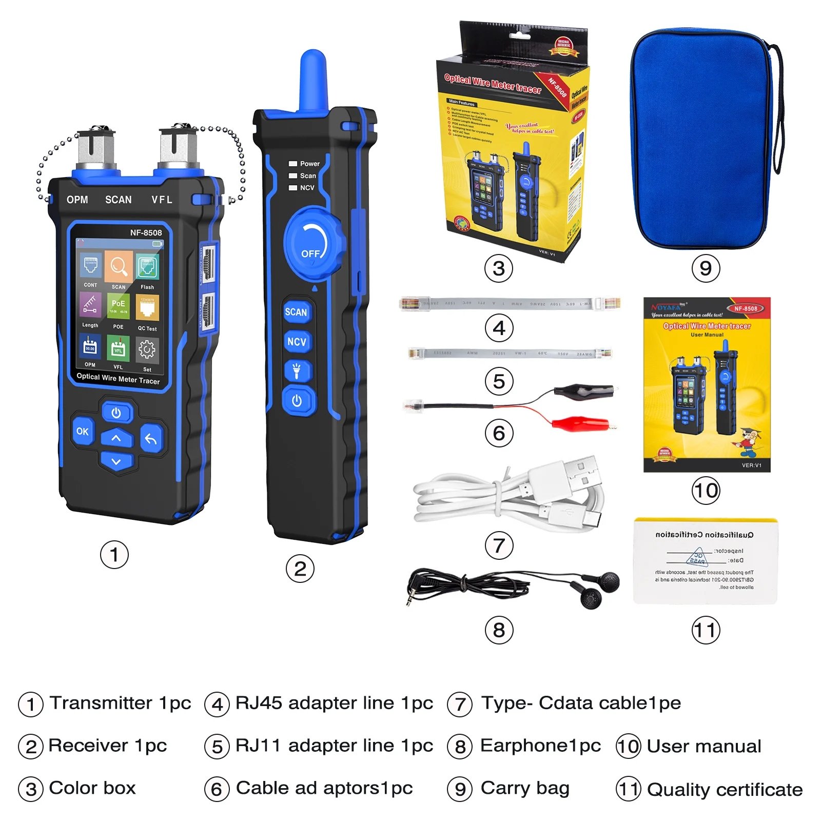 Imagem -06 - Noyafa Nf8508 Cabo Rastreador Lan Medidor de Potência Óptica Tester Display Lcd Medida Comprimento Wiemap Cabo Rede Testador