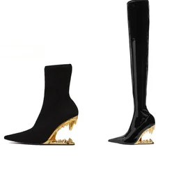 Europäische und amerikanische neue gestrickte Lack leder Damen kurze Stiefel Mode spitze Seite Reiß verschluss Zähne High Heel Stiefeletten