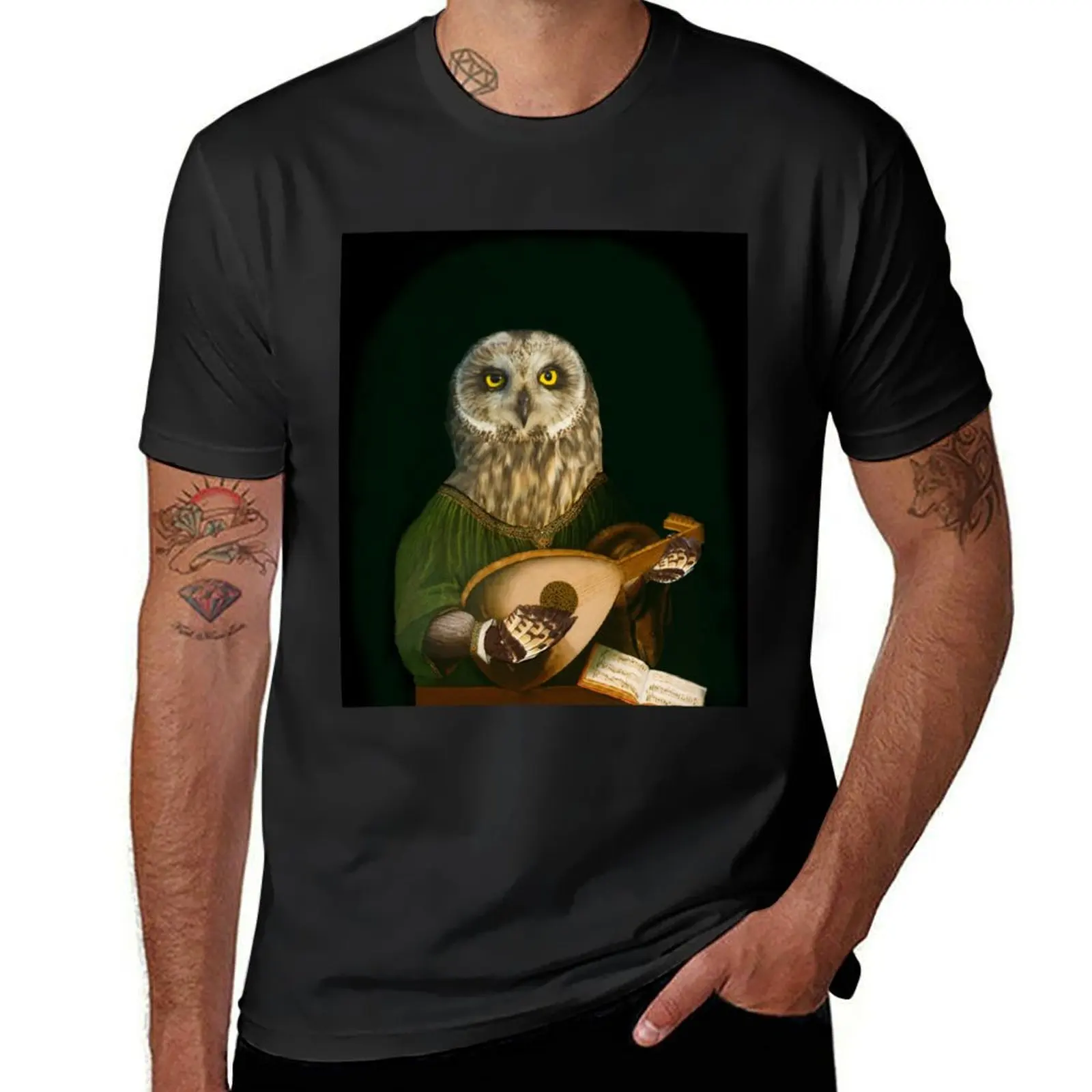 Owl Playing the Lute - Composite Painting T-Shirt vintage graphic tee mens t shirts casual stylish