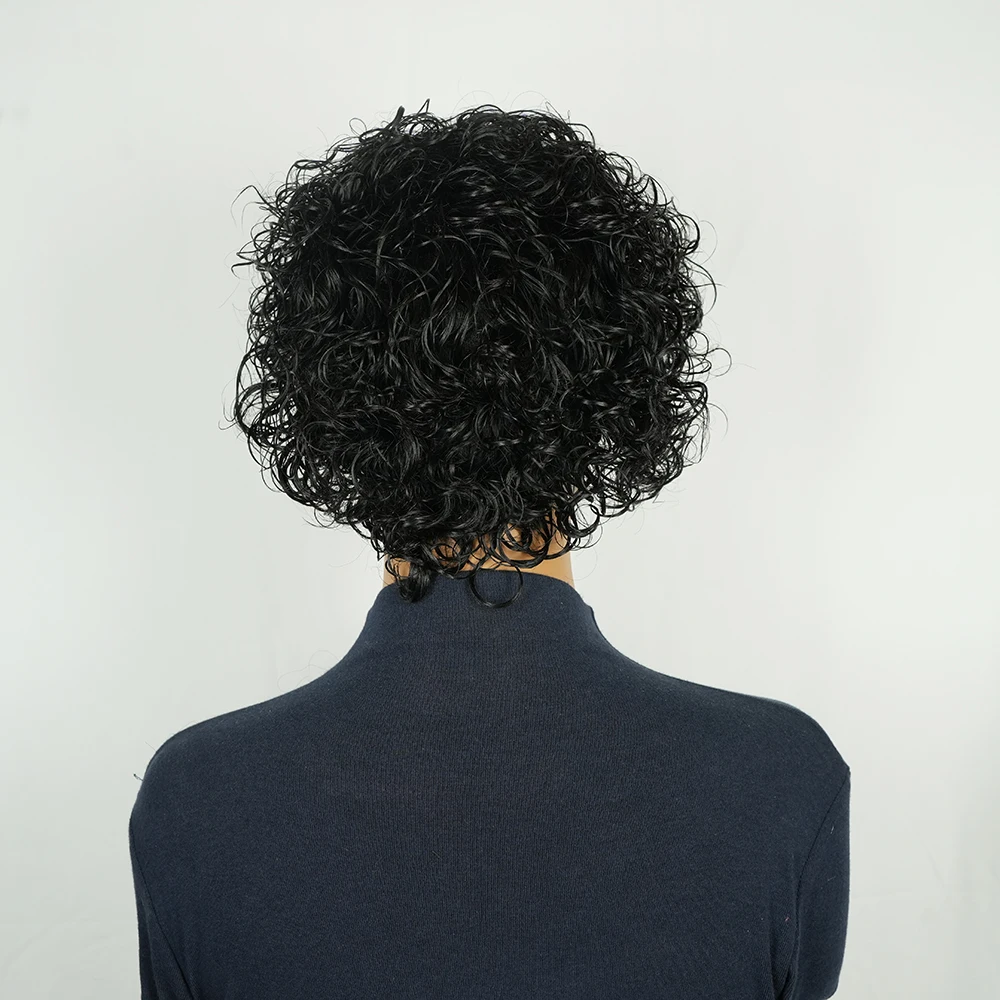 رطب ومموج قصير مجعد عابث قطع شعر مستعار البرازيلي خصلات الشعر المستعار الإنسان مع الانفجارات قبل قطعها للنساء آلة صنع جاهزة لارتداء #5