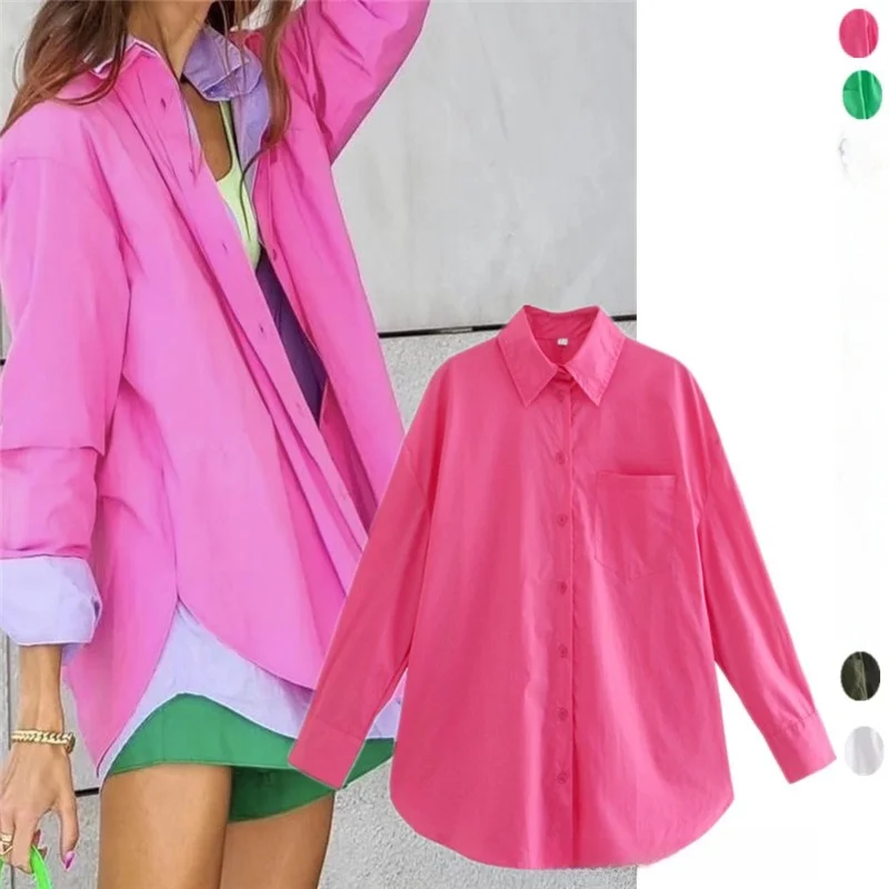 

Street Sle Loose Fit Long Sve irt with ket Pure Color irt Boyfriend Sle Trendy Clothing Women's Premium Faion