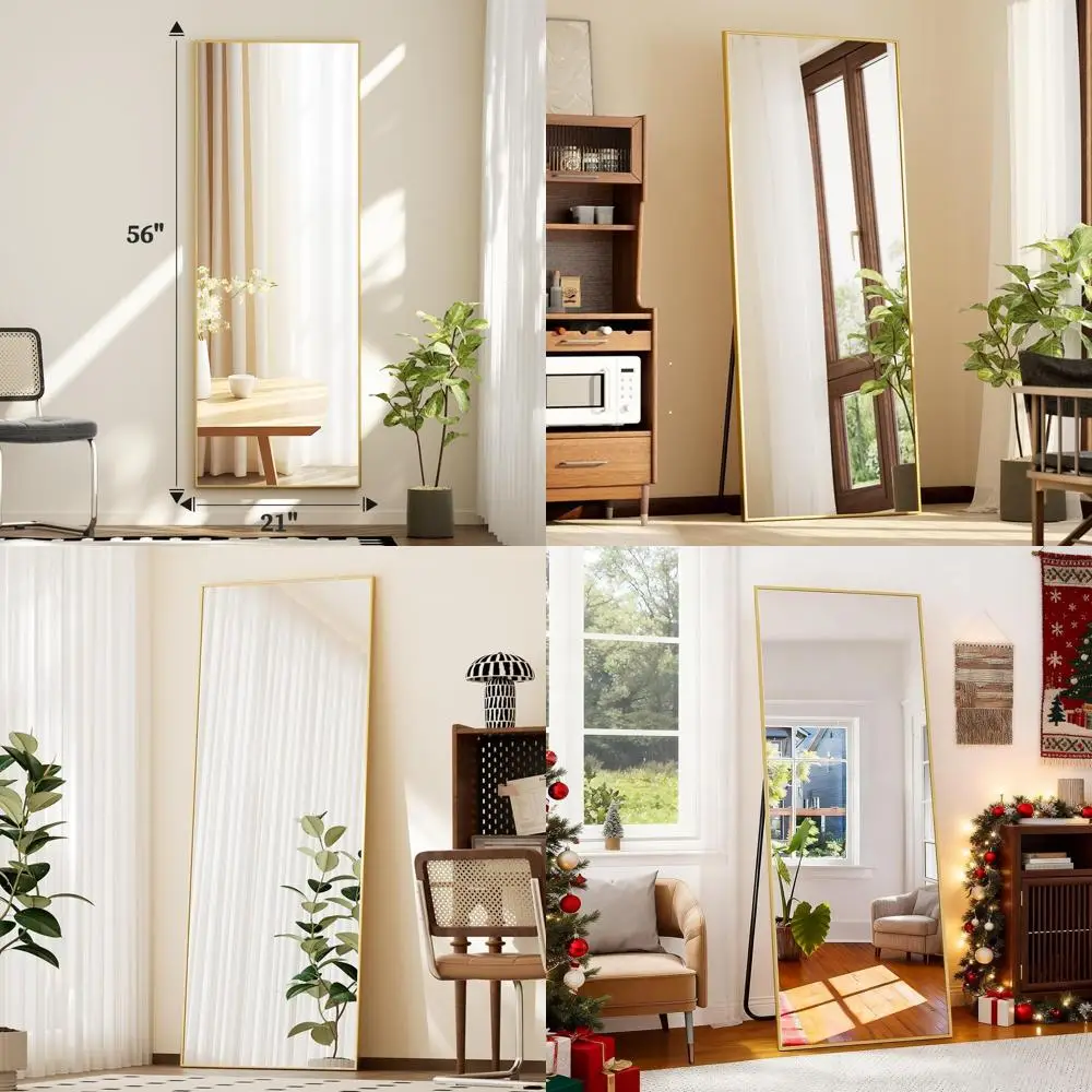 

56 x 21 Floor Mirror with Stand, Shatter-Resistant Tempered Glass, Gold Finish for Living Room