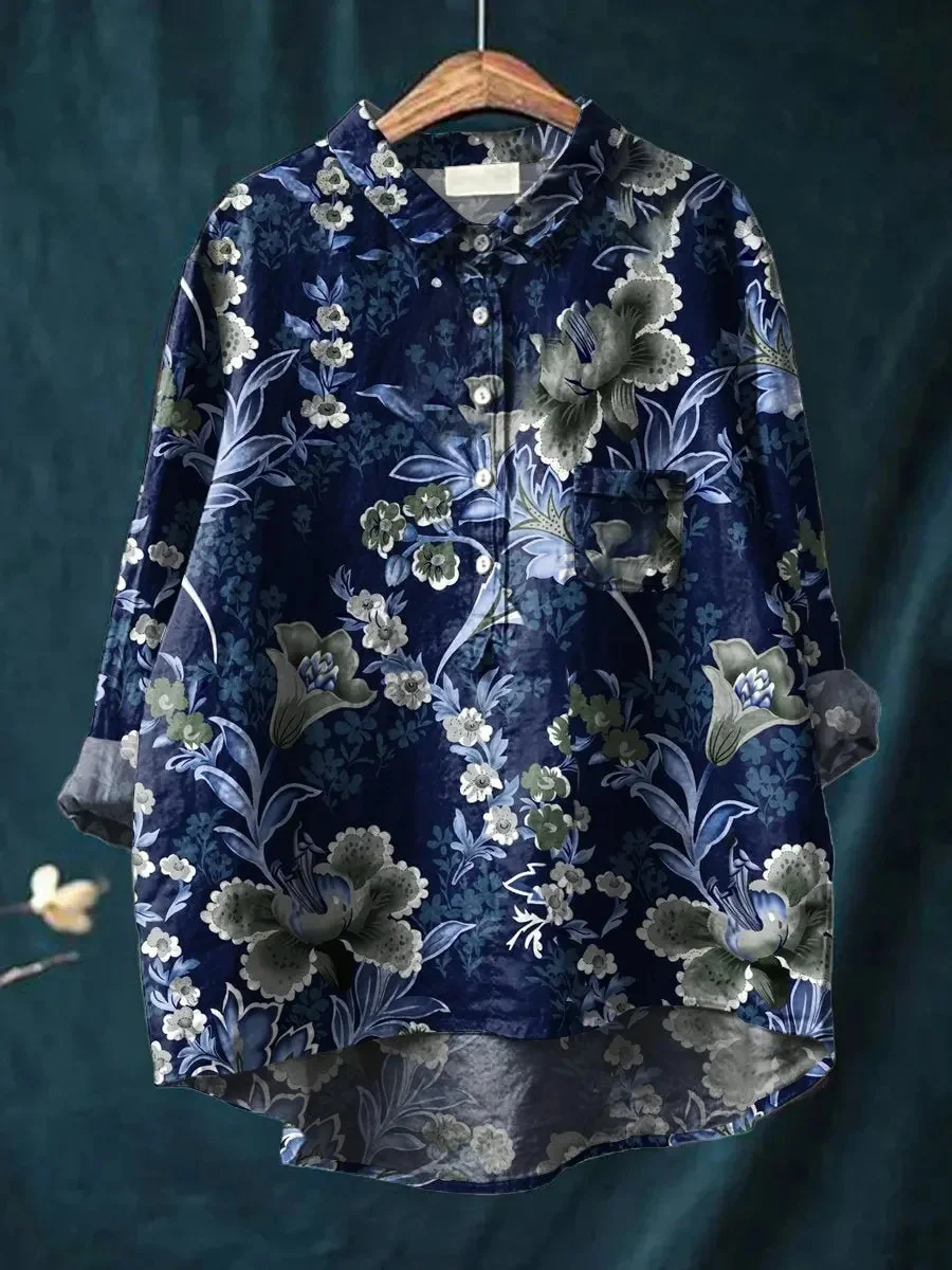 New Bohemian floral and bird print men's shirt in beige contrasting color with a collared seven quarter sleeved shirt