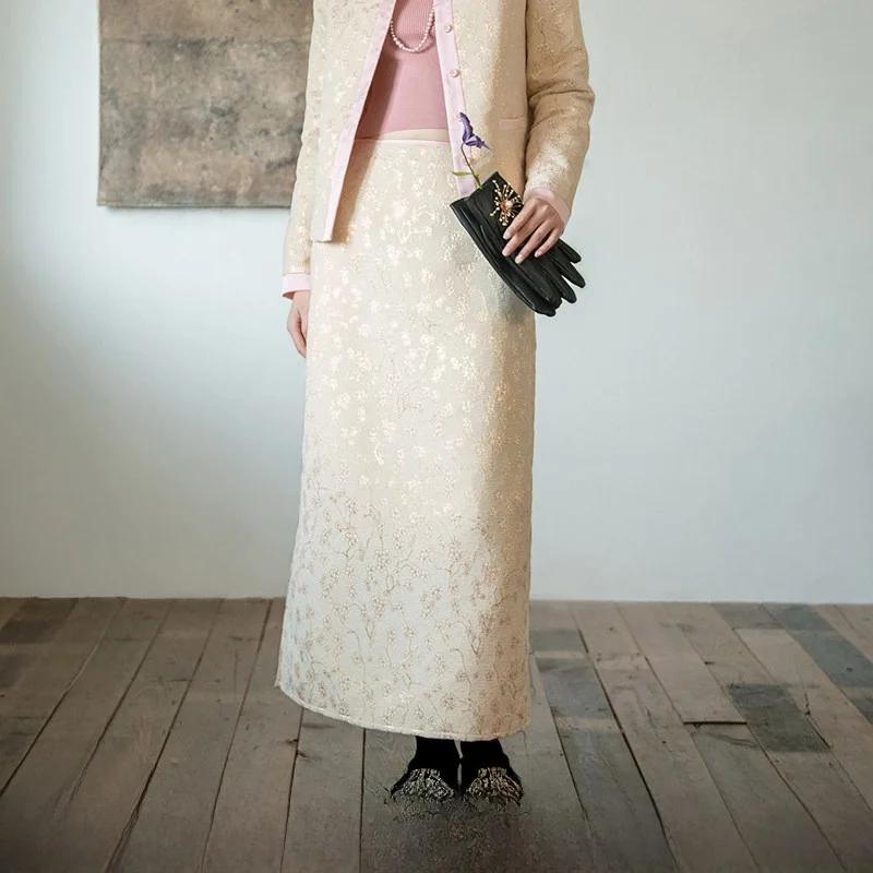 

Ele Floral Embroidery Loose Slimming Midi Skirt Women's New Autumn Winter Faion Vintage Sle Straight H-ape Skirt