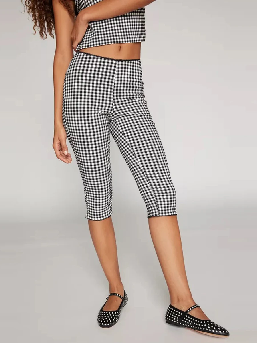 Women Gingham Capri Pants Plaid Cropped Pants Skinny Trousers 3 4 Length Pants Summer Going Out Bottoms