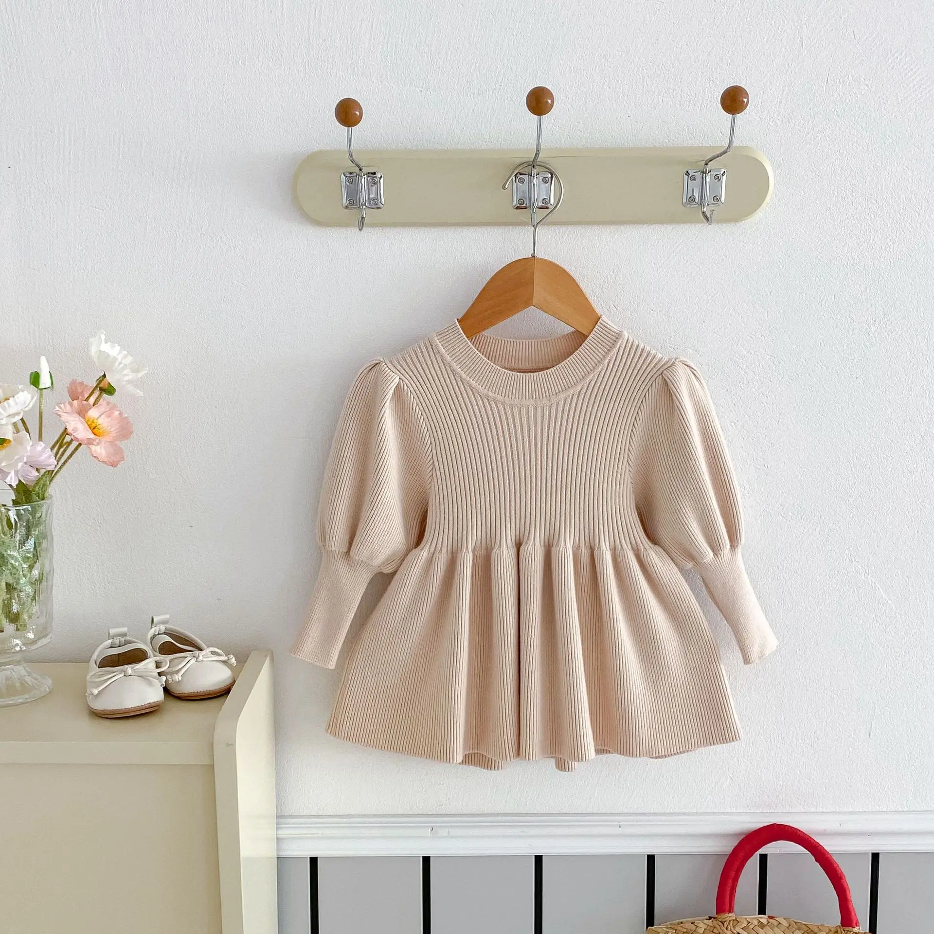 0-4Y فساتين الرضع الصلبة طفل الفتيات قطعة واحدة فستان منسوج للأطفال موضة الربيع الملابس سترة غير رسمية الأحمر عيد الميلاد طفل #4