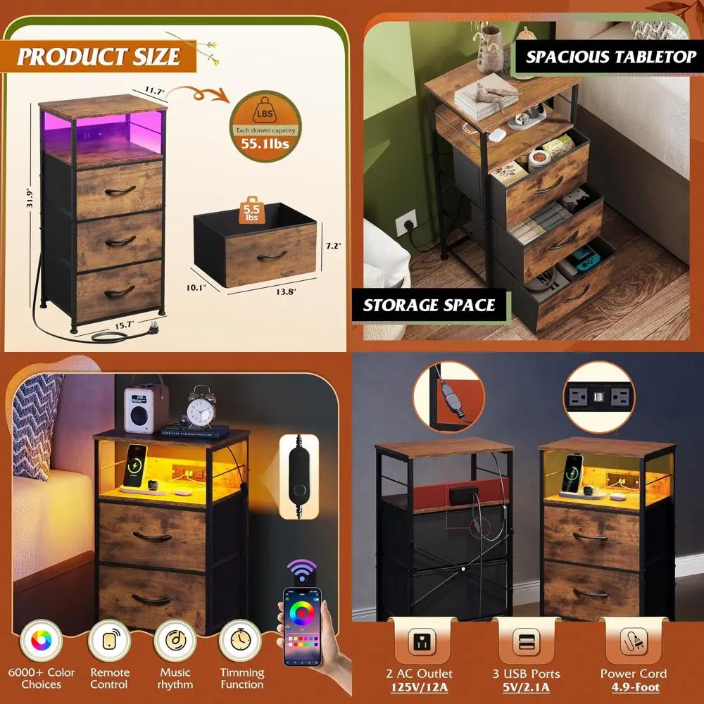 

Коричневая светодиодная тумбочка в деревенском стиле с 3 ящиками, зарядной станцией и полкой для хранения, прикроватная тумбочка высотой 31,93, с USB-портами