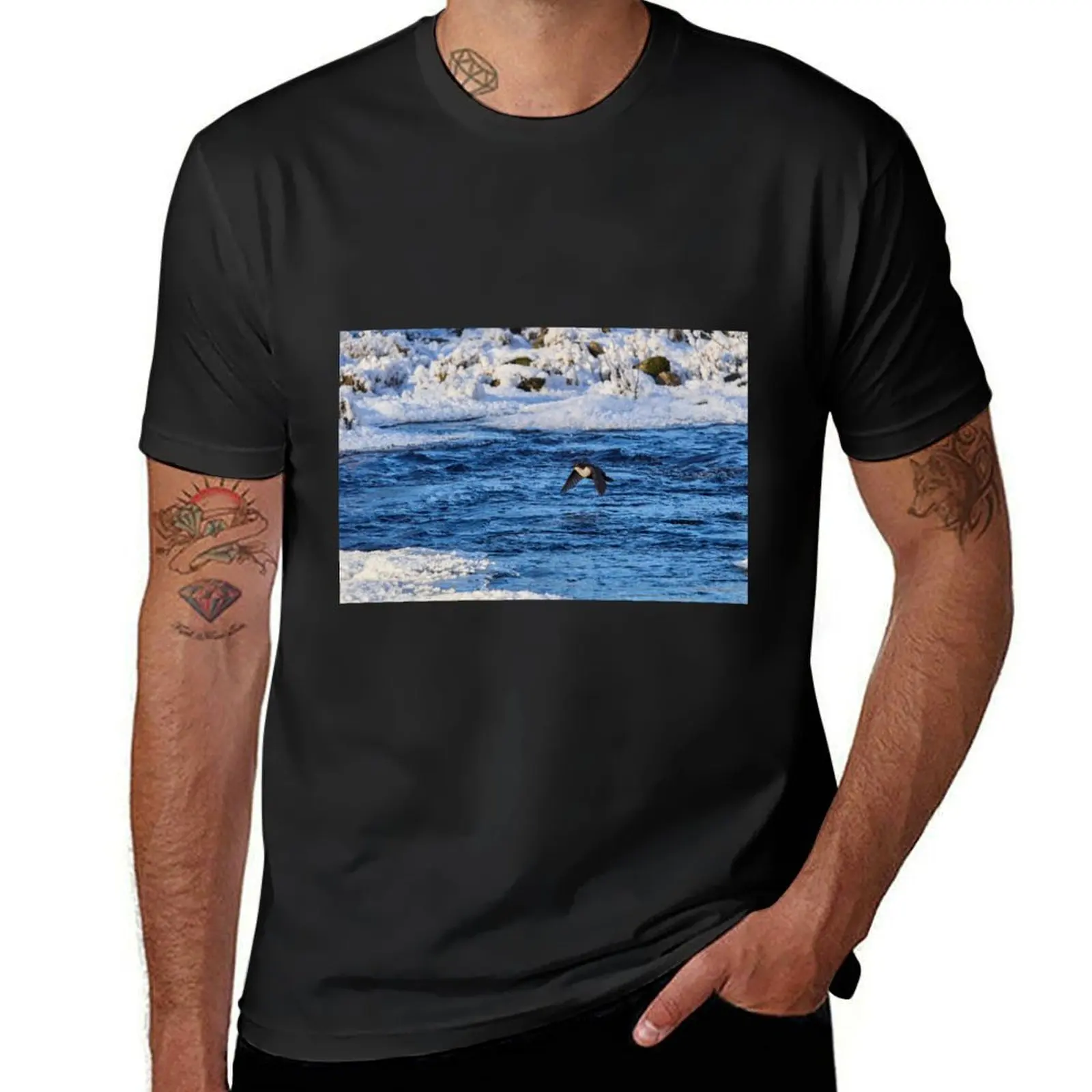 White-throated dipper flying over the stream T-Shirt blacks customs design your own quick drying mens t shirt graphic