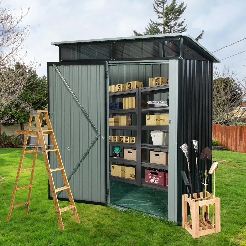 

5ft x 3ft Outdoor Metal Storage Shed with Transparent Plate, Black, Galvanized Steel Hinged Door & Durable Aluminum Frame