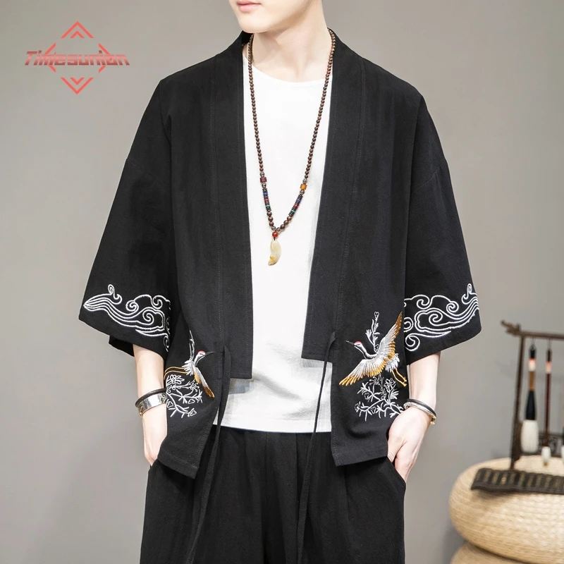 

Spring Summer New Style Loose Hanfu Tee Trend Embroidery Luxury Brand Short Sleeve T-shirts for Men 100% Cotton Linen Cardigan