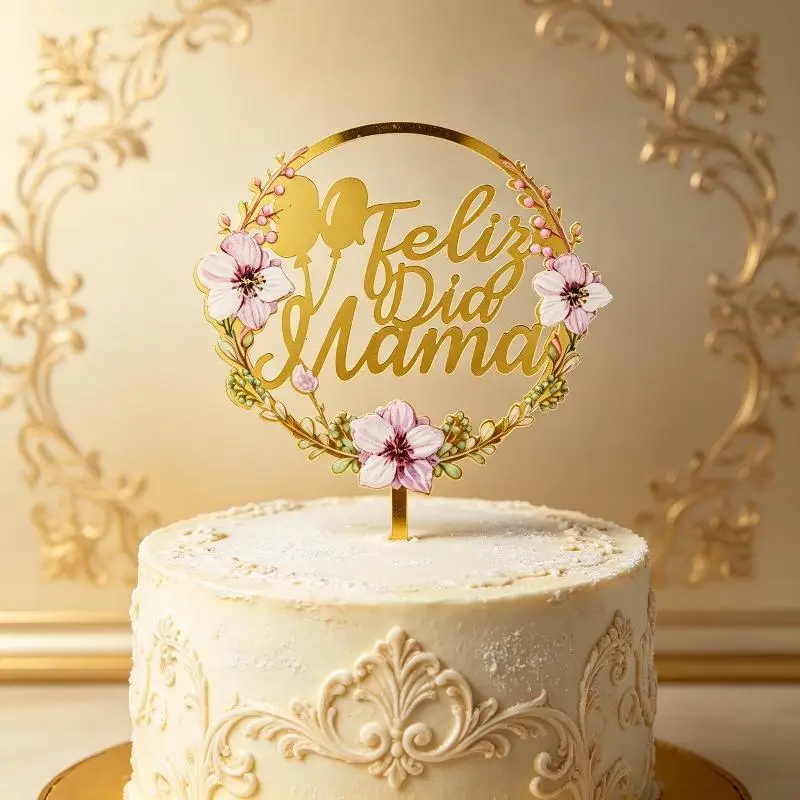 1Pcs Acrylic Spanish Cake Topper Feliz Dia Mama Flower Accent for Mothers Day Birthday Party Table Scene
