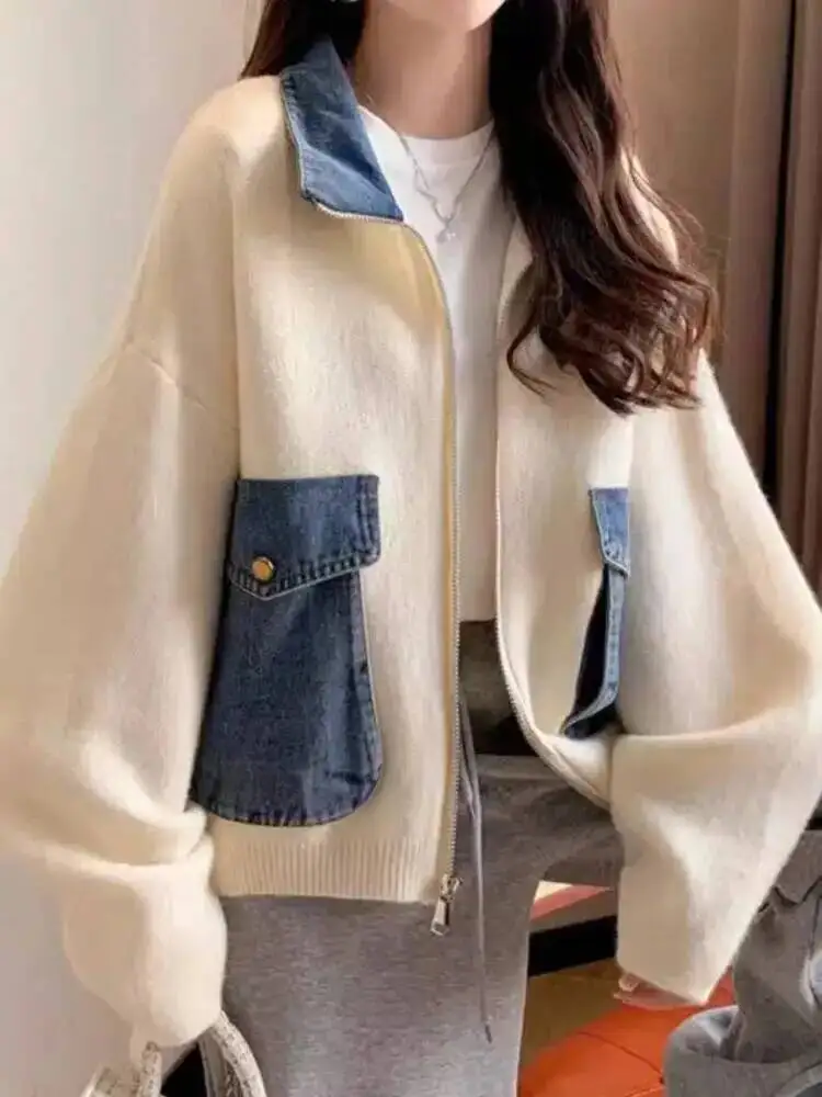 Long Sleeve Spliced Denim Big Pockets Design Knitted Cardigan Casual Patchwork Women Sweater Coats 2026 Autumn New 16OGQUL
