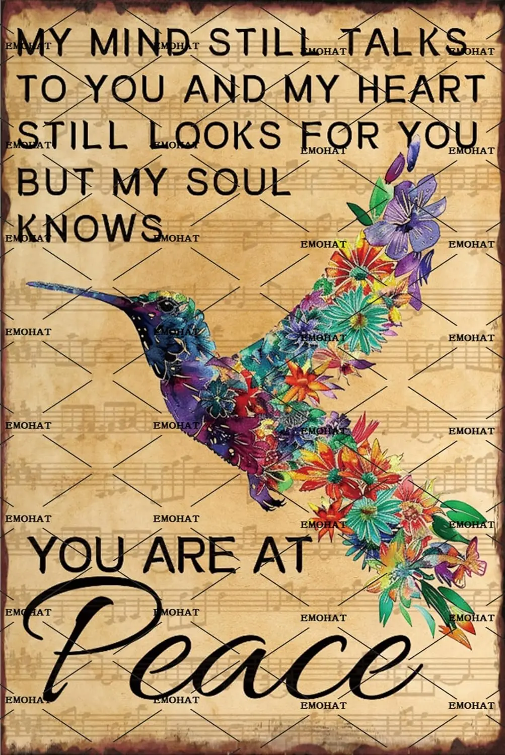 1p, Vintage Hummingbird Metal Tin Sign You are at Peace Wall Decor Retro Art Metal Poster Home Decoration Garage Sign Bar Kitche