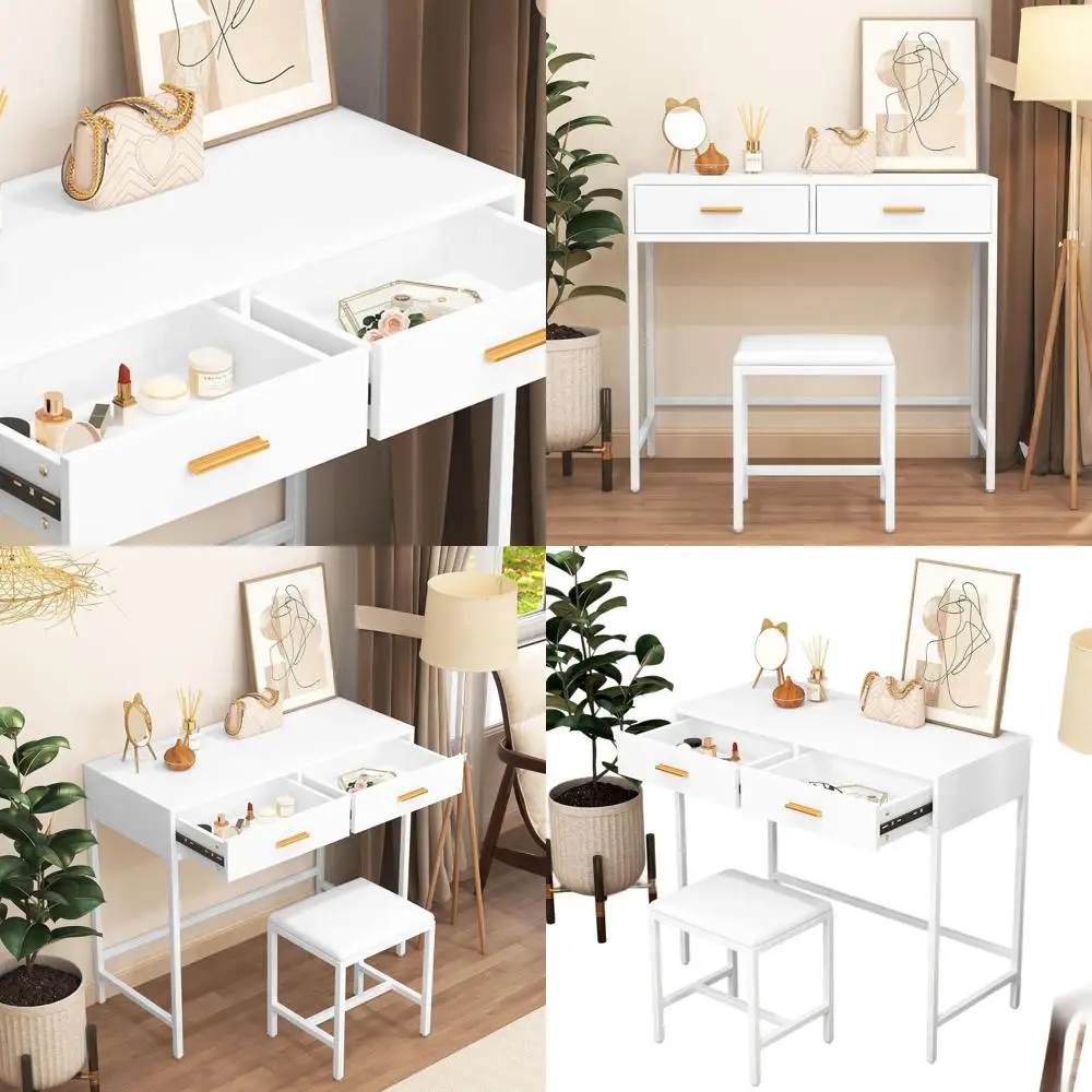 

Double Drawer Makeup Vanity Desk with Stool, 80x90cm White, Ideal for Bedroom, Office, Study