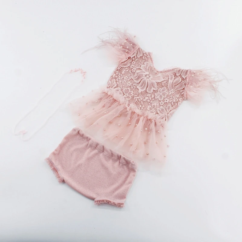 3Pc/Set 0-3 Month Baby Girls Feather Lace Skirts Beaded Headband Short Pant Newborn Photography Clothes Prop Pink Princess Dress