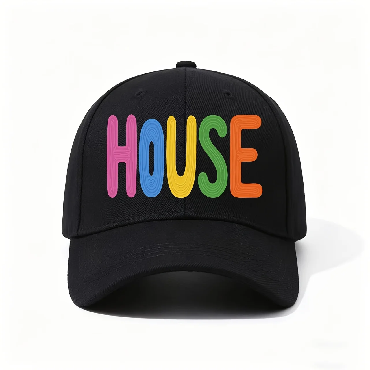 Baseball Cap, Constructed from Premium Fabric with Structured Crown, Displays a Colorful Rainbow HOUSE Print with Swirled Textur