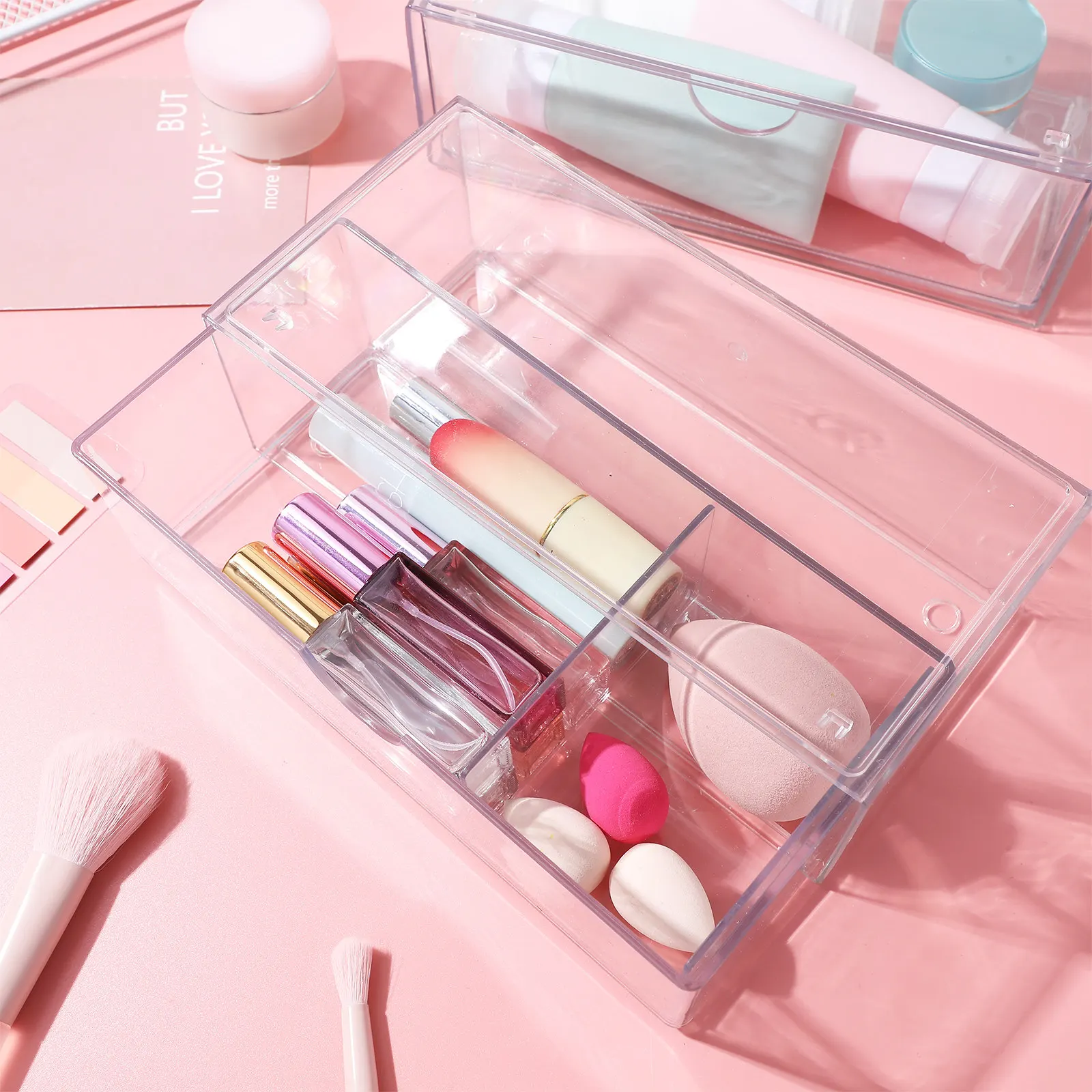 3Pcs Clear Makeup Storage Organizer Box Lidded Desktop Vanity Holder Cotton Pad Container Multi-Functional Divider