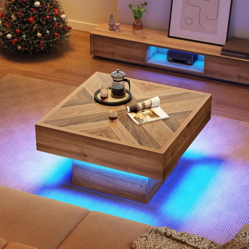 

LED Game Coffee Table with 2 Drawers Storage, Square Modern Coffee Table Engineered Wood Low Coffee Tables for Living Room
