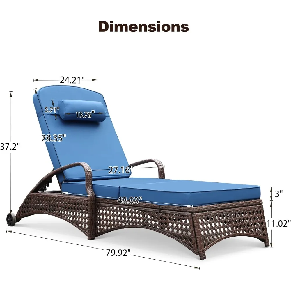 Patio Bench with Wheels, Adjustable 6 Position Pool Reclining Chair with Thickened Cushion & Pillow, Outdoor Bench