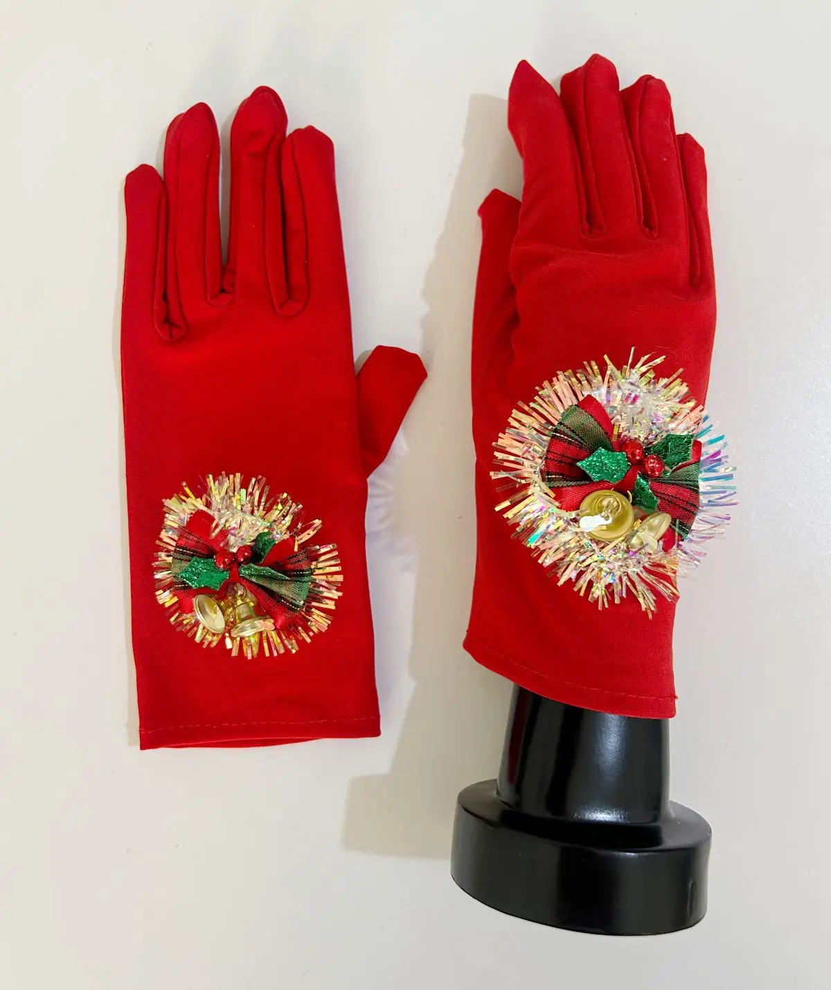 Gloves Christmas Red Shiny Bow Bell Holiday Party Stage Costume Decoration Accessory Chic Lightweight Fabric Medium