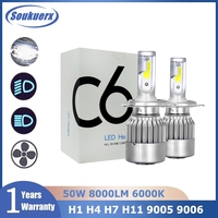 SOUKUERX C6 Led Headlight Bulbs H4 Hi-Lo Beam Car Lights H1 H3 H7 H11 50W 8000LM 6000K COB LED 9005 9006 12V Auto Headlamps