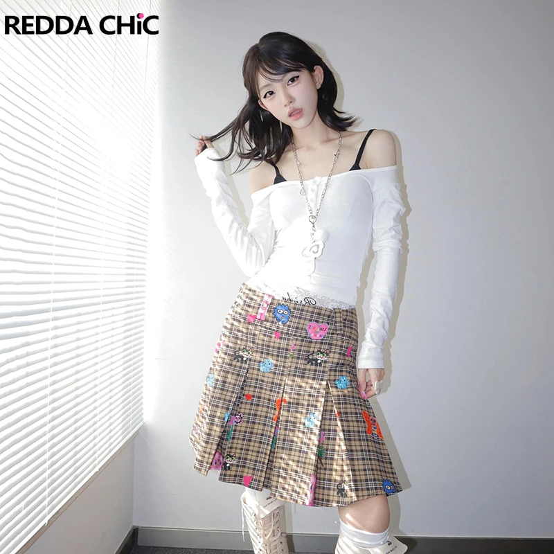 

REDDACHiC плиссированная юбка с радужным мультяшным узором для подростков, повседневная свободная клетчатая мини-юбка с высокой посадкой, школьная форма, летняя женская одежда