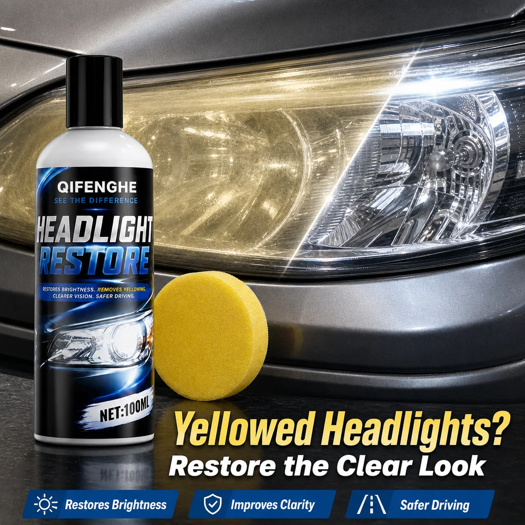 QIFENGHE 100ml Headlight Restore Liquid with Sponge, Car Headlamp Lens Polishing Agent, Remove Yellowing Scratches Haze, Restore