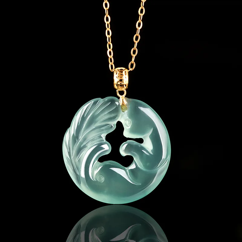 

Authentic Natural A Jadeite Blue Water Nine-tailed Fox Jade Pendant 18K Gold Inlaid With Ice Seed Fashionable Women's Jewelry