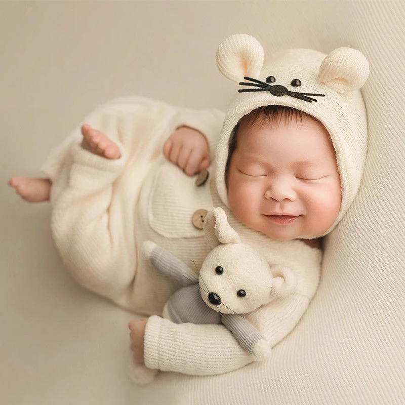 Costume de photographie pour nouveau-né, souris beurre, accessoires de pose pour bébé, chapeau infantile, combinaison + beurre, vêtements photo de studio, 3 pièces/ensemble