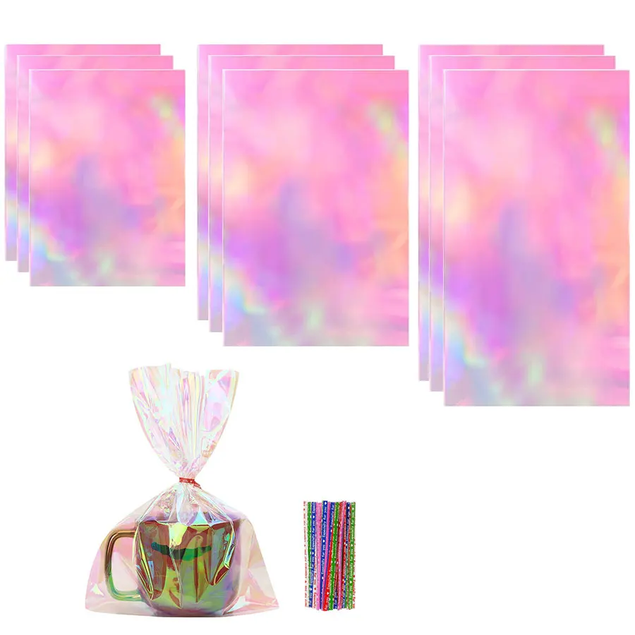 25/50 bolsas iridiscentes de celofán para dulces con lazos, bolsas de regalo de plástico holográfico para recuerdos de fiesta, envoltorios de regalos