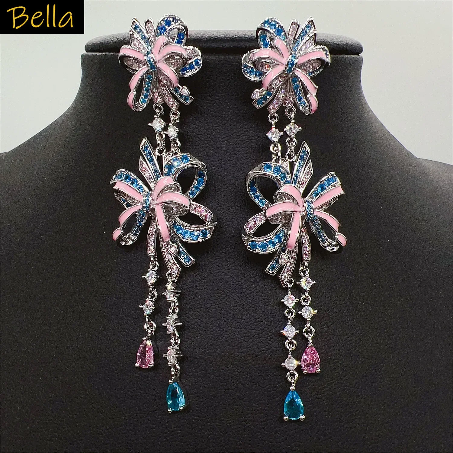 

long tassel earrings pink purple bowknot firework pendant earrings women wedding party luxury jewelry gift female