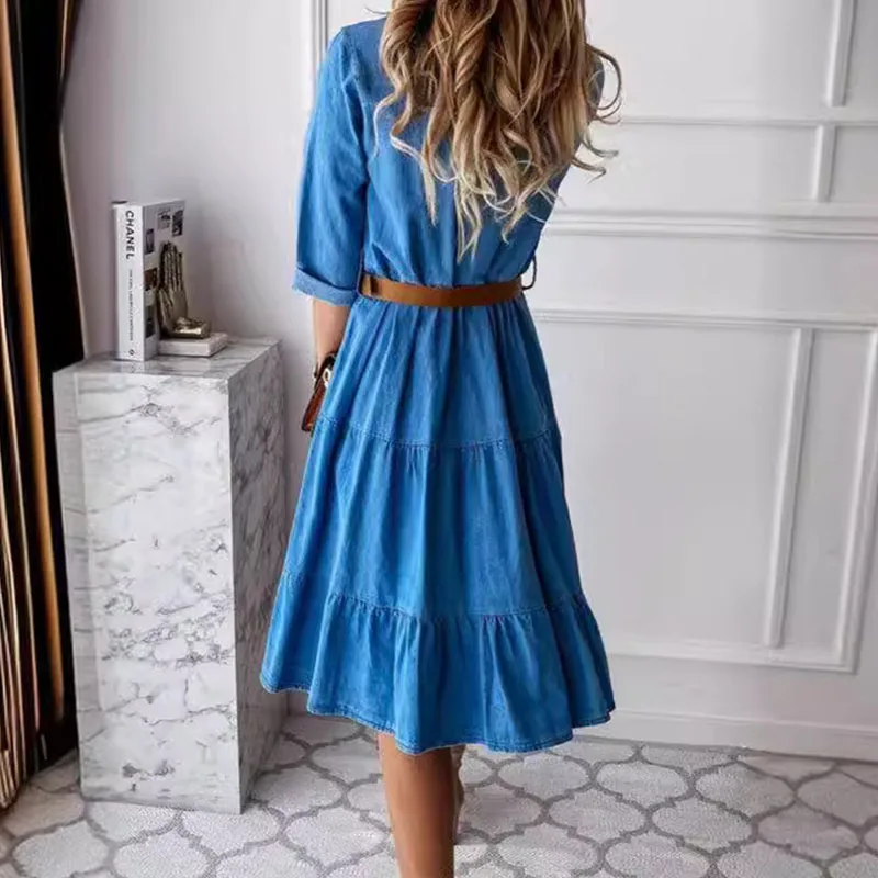 Abito lungo blu estivo da donna elegante Abito estivo da ufficio allentato casual Vita alta con scollo a V Mezze maniche Abiti da lavoro maxi da donna