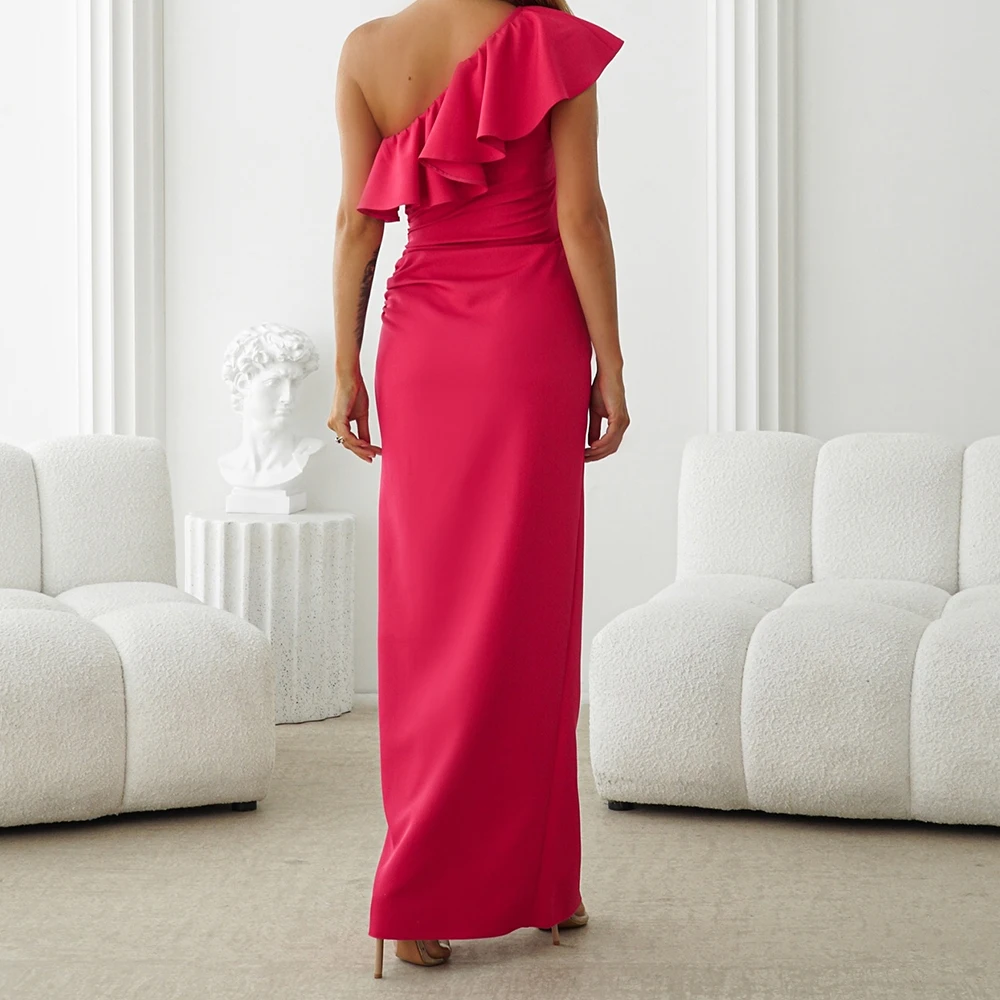 Vestidos de noite retos personalizados, comprimento do tornozelo, um ombro, sem mangas, vestido de baile, divisão lateral, ruched, costas nuas, vestido de festa