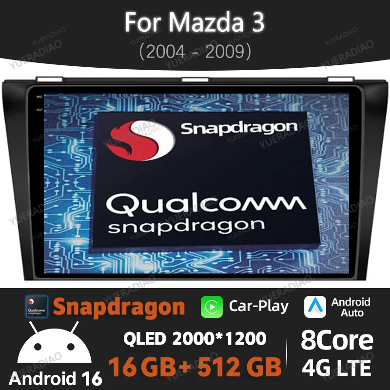 Android 16 Car Radio For Mazda 3 I BK 2003 - 2009 GPS NAVI 2DIN Head Unit 4G WIFI QLED BT Multimedia Stereo Video Player LTE 5G