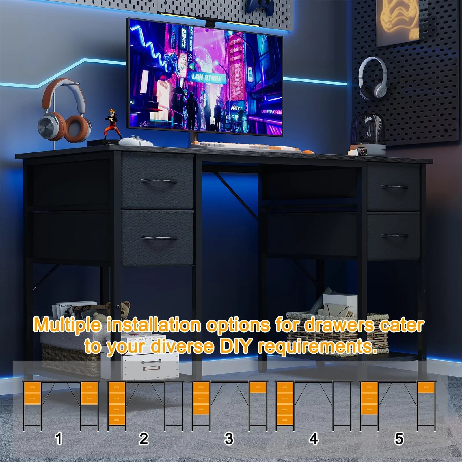 Computer DesksSpacious 47 Inch Office Desk with 4 Storage Drawers for Gaming Work and Study