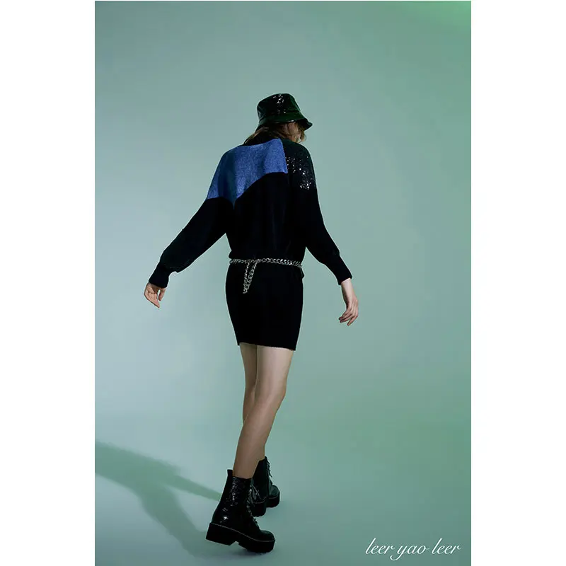 Women's Autumn High Street Fashion Thick Turtleneck Sweater Sequin-Decorated Patchwork Knitting Pullover All-match Sleeve