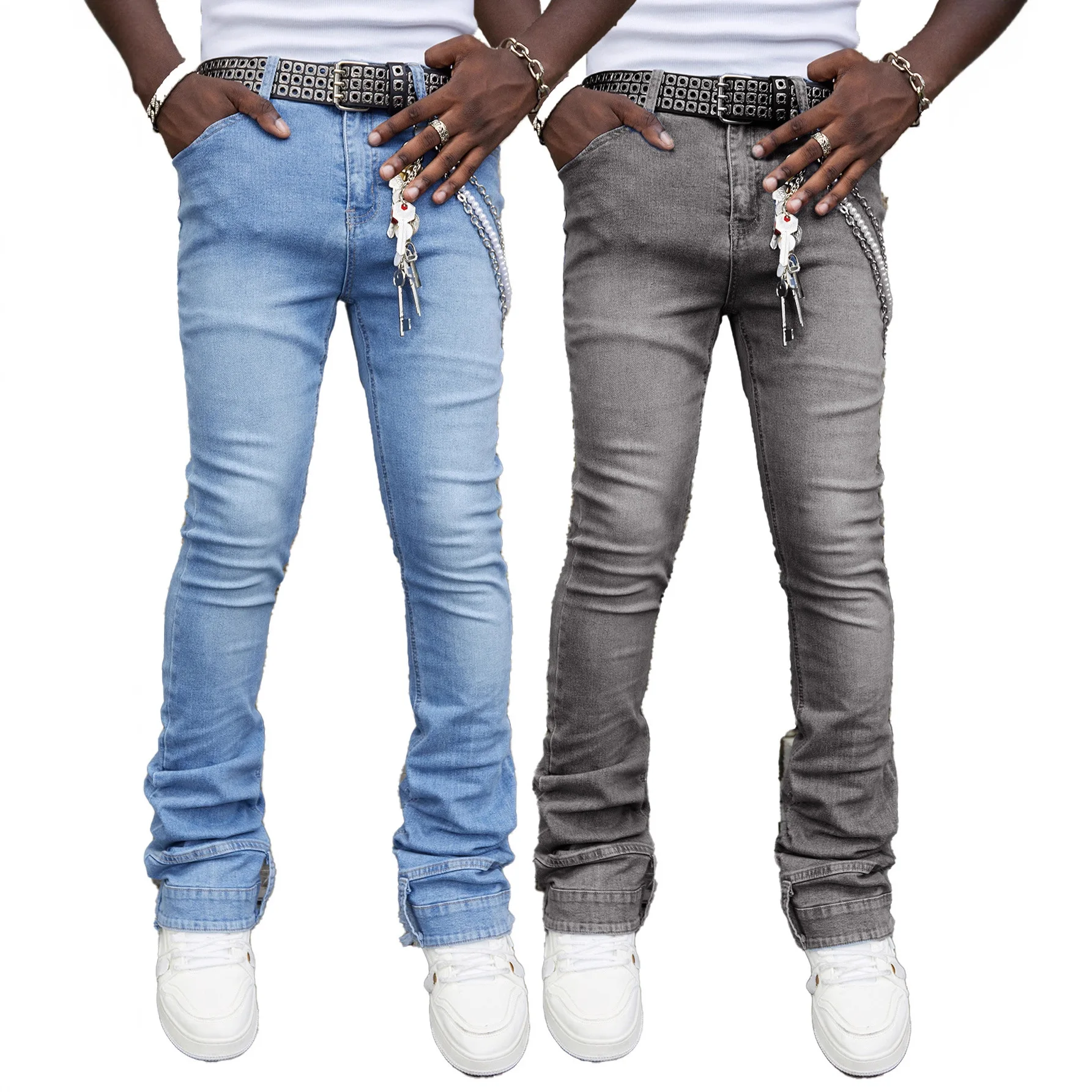 Men's Straight Leg Jeans Elastic Patchwork Stacked Denim Pants American Streetwear Solid Color Casual Long Trousers