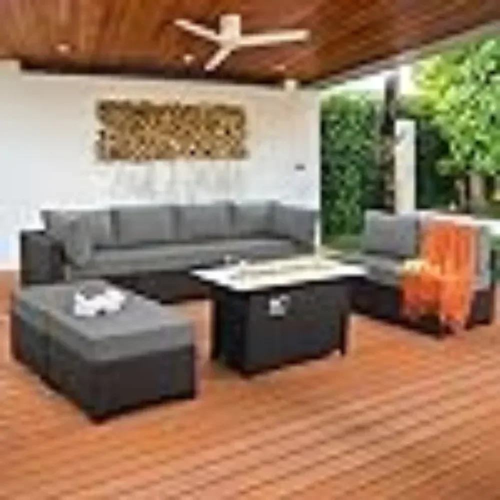 9 Pieces Wicker Patio Furniture Set Outdoor PE Rattan Sectional Conversation Sofa Set with Grey Cushions and Storage Table