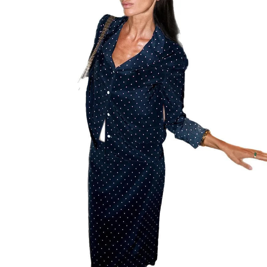 Two Pieces Women Polka Dot Dress Set Skinny Matching Sets V Neck Shirts Knee Lenth Skirts Slim Fit Elegant Casual 2026 Autumn view 5