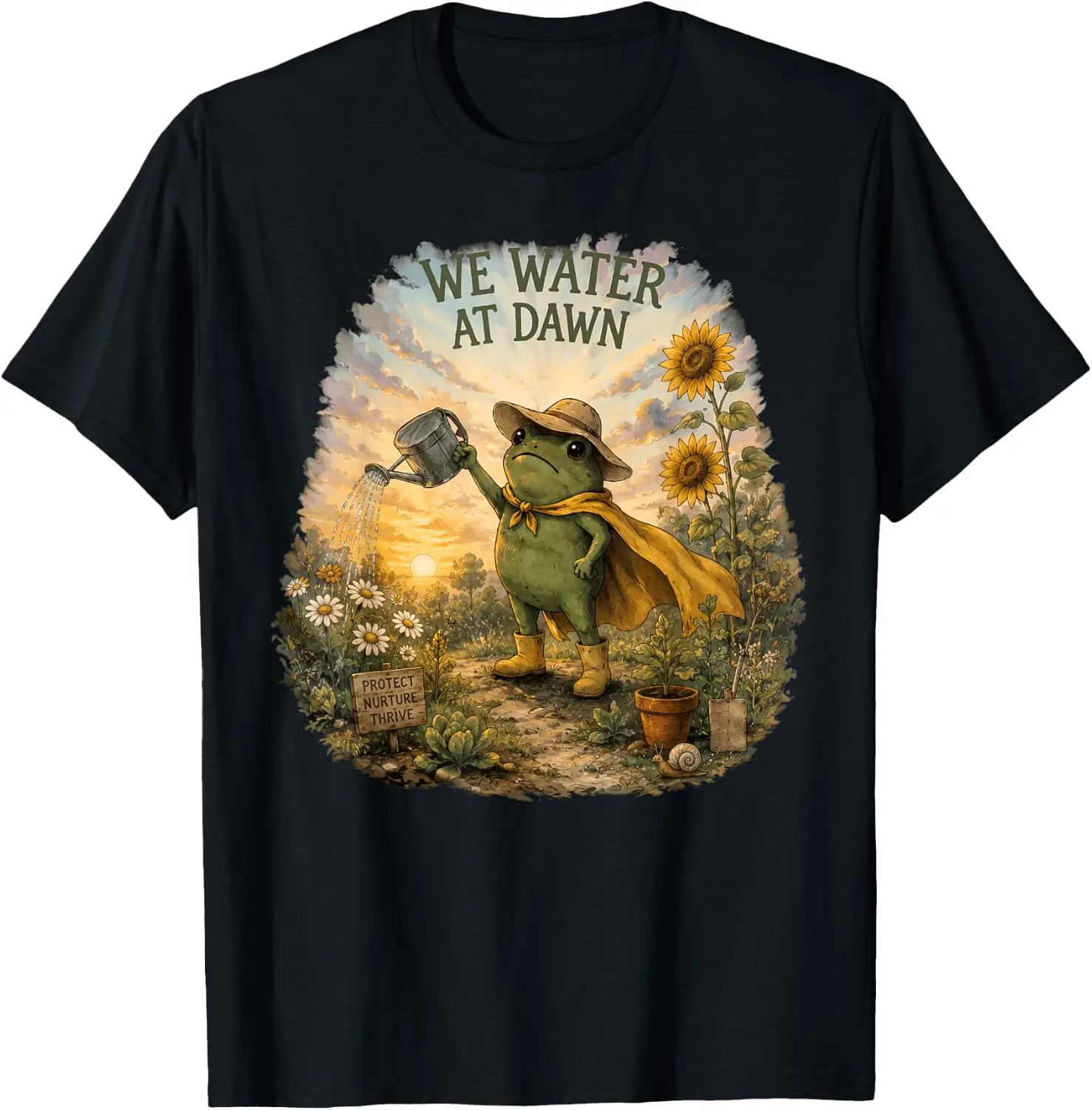 We Water At Dawn Funny Frog Gardening Gardener Plant Lover T-Shirt 100% Cotton Trendy Y2K Short-Sleeve Tee-Soft, Quick-Drying,