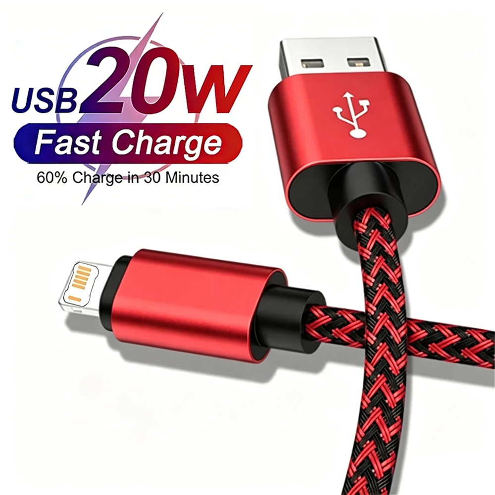 Alloy Braided 20W USB Fast Charging Cable For iPhone 11 12 13 14 Pro Max X XR XS Max 6 7 8 14 Plus Rapid Charge USB-A Data Cable